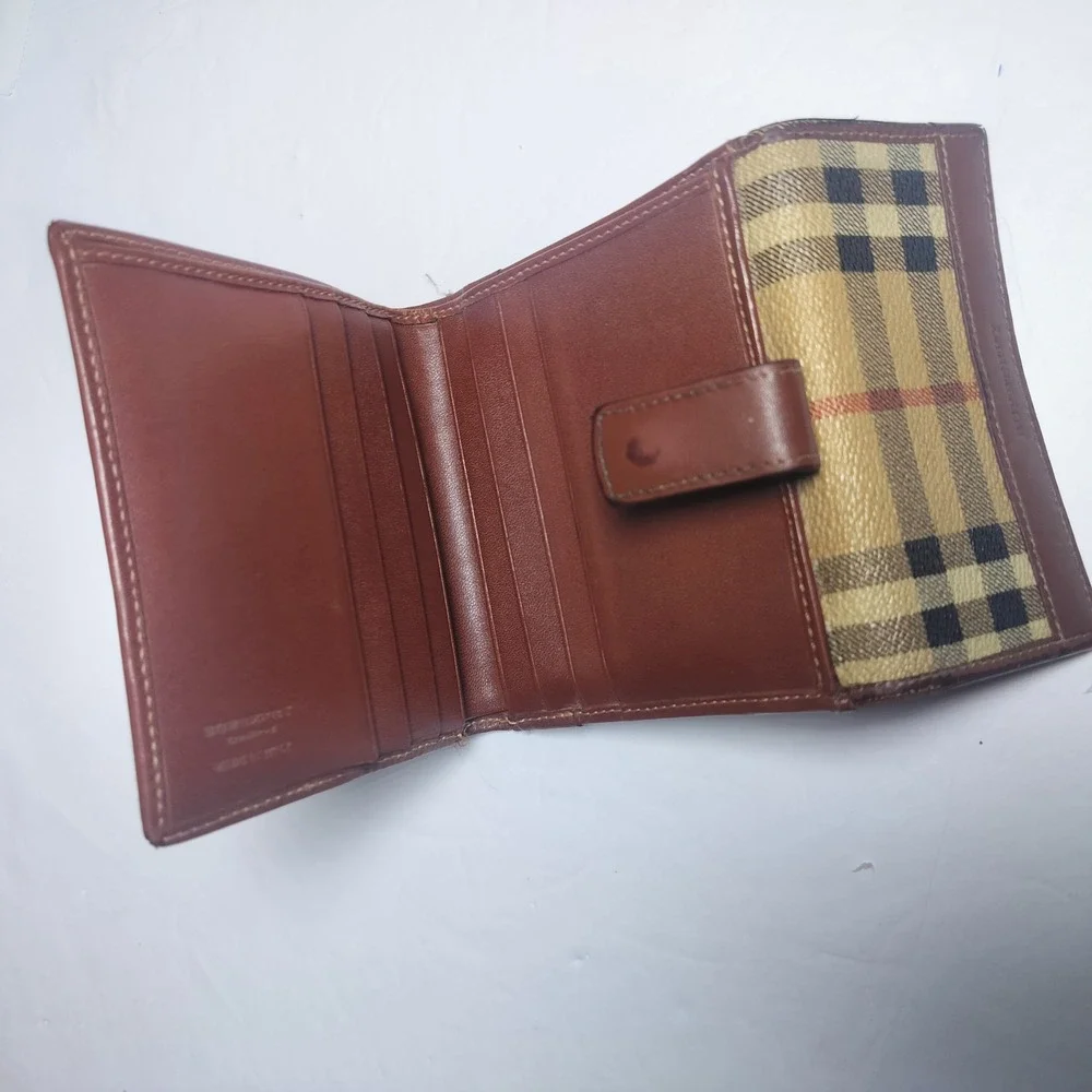 Burberry Haymarket‎ Check Bifold Wallet Brown Leather Trim Made in Italy